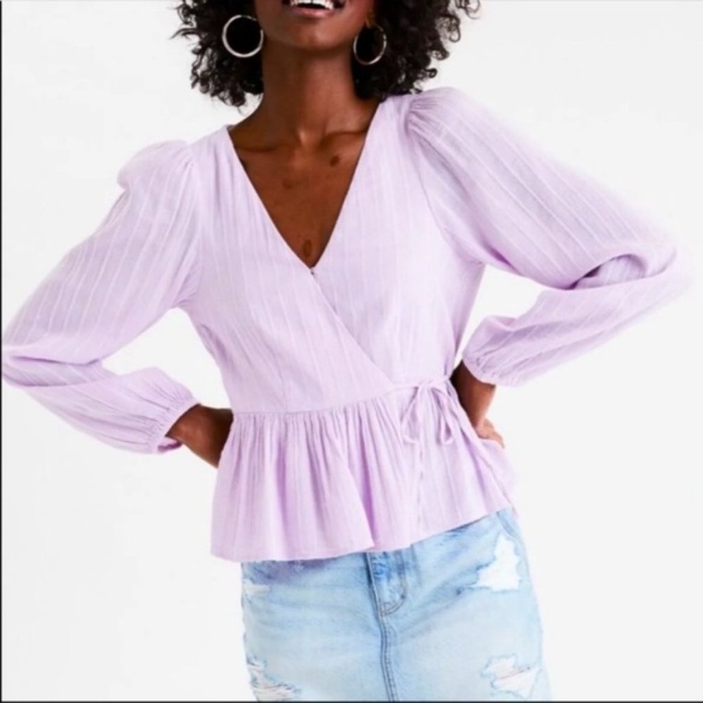 American Eagle Lilac purple peplum wrap blouse long sleeves size small